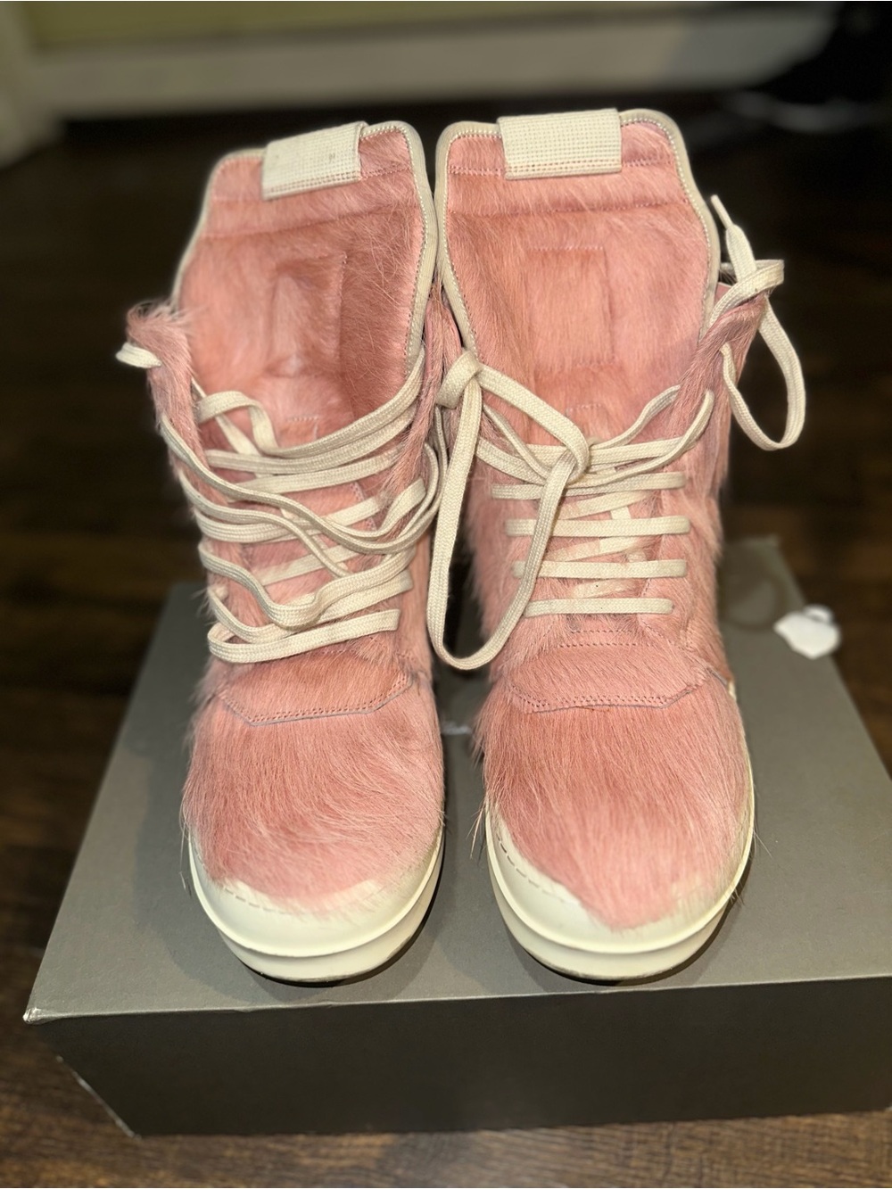 Rick Owens Pink Faux Fur Lace-Up Boots with Cream Laces